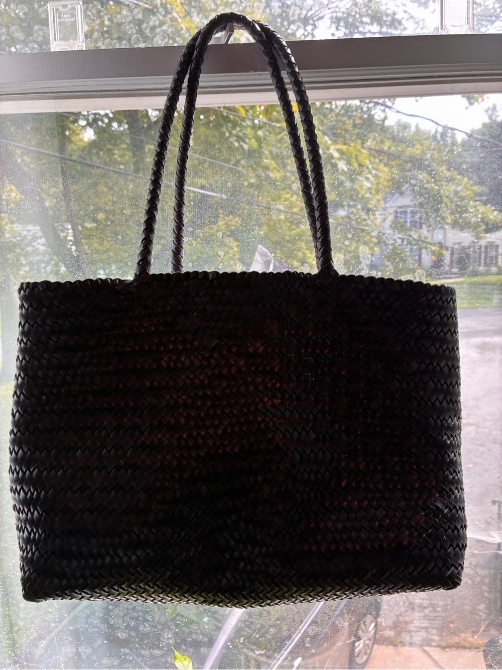 Navy Woven Leather Tote with Braided Handles